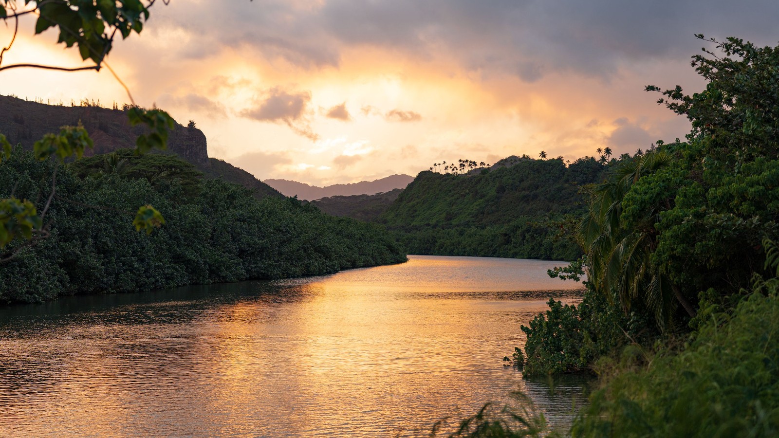 Sunset over the Wailua River, Kapaʻa, framed by trees and palms.