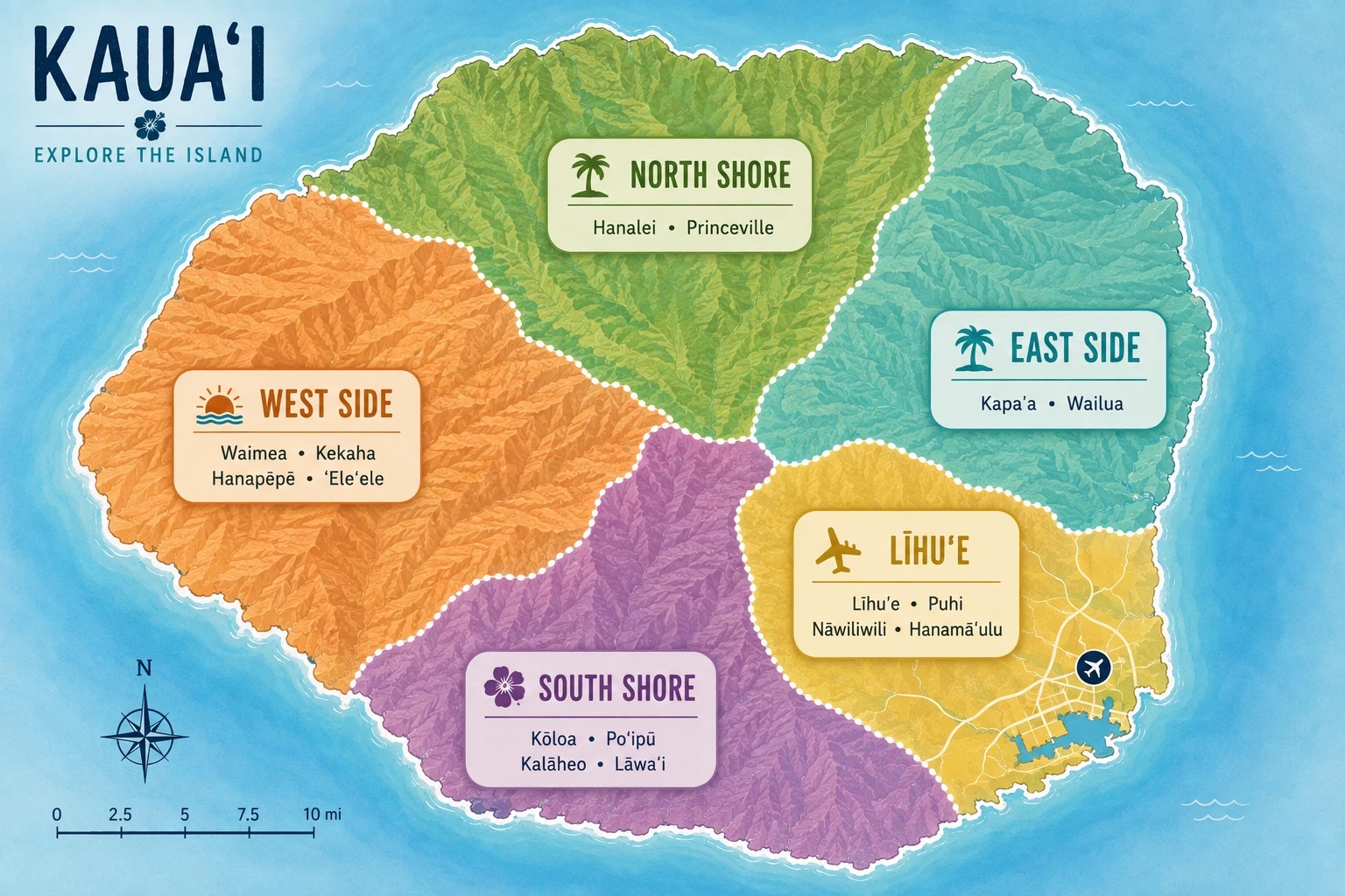 Illustrated map of Kauai split into five regions: North Shore, East Side, Līhuʻe, South Shore, and West Side.