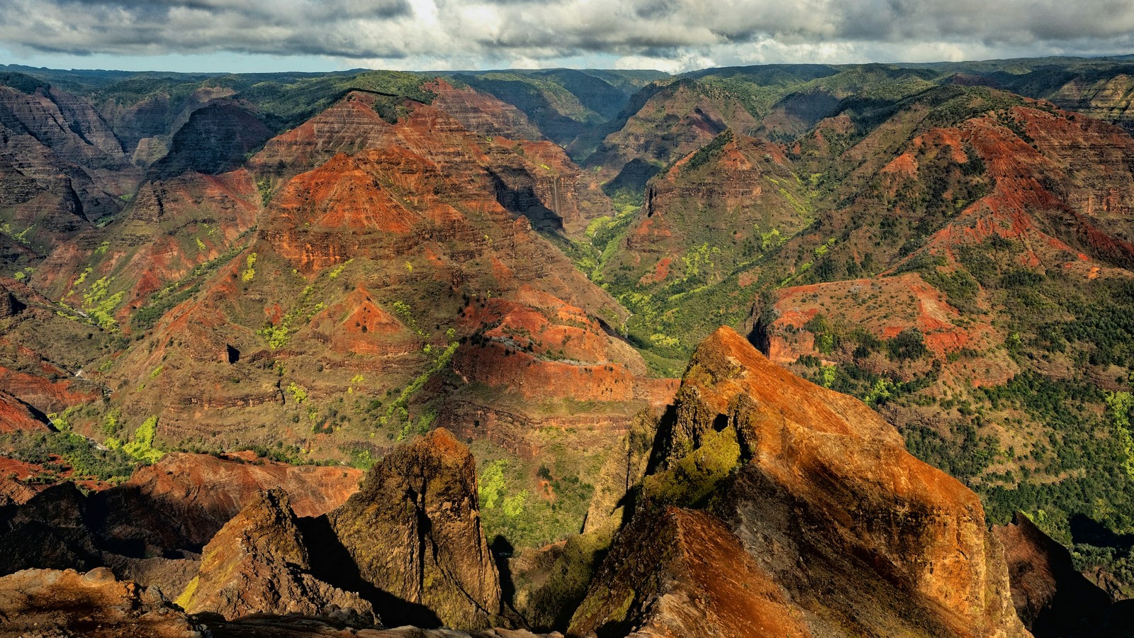 Aerial view of Waimea Canyon's red rock layers on Kauaʻi's West Side.